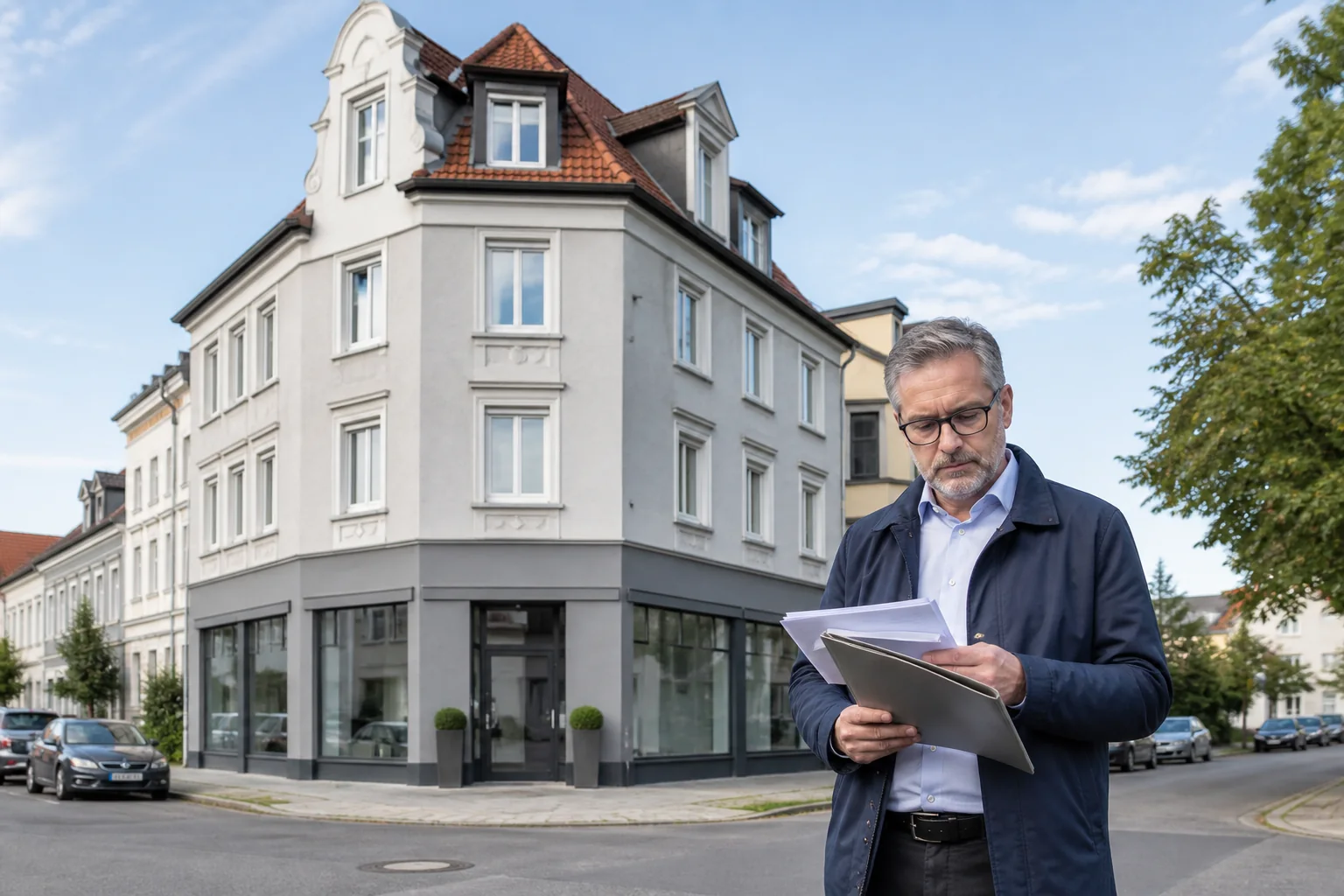 Eigentümer prüft Unterlagen zu einem vermieteten Wohn- und Geschäftshaus